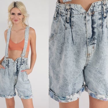 Denim Shortalls 80s 90s Acid Wash Suspender Shorts Light Blue Jean Overalls Floral Cuffed Romper Shorts Playsuit Vintage 1990s Medium M 