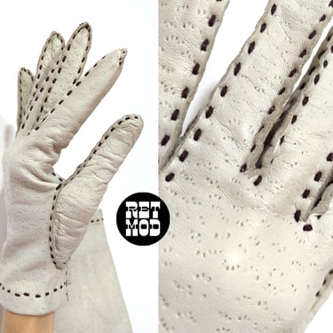 NWOT Chic Vintage 60s 70s Dusty Off-White Leather Gloves with Topstitching 