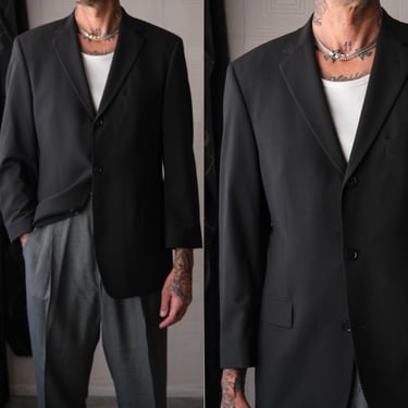 Vintage 90s HUGO BOSS Scorcese Black Gabardine Three Button Blazer w/ Ice Blue Sateen Lining | Made in USA | 1990s Designer Mens Jacket 