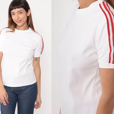 Vintage Adidas T Shirt White Striped Tee Shirt Trefoil TShirt 80s Sports Athletic Sporty Retro Tee Nylon Red Vintage Medium 