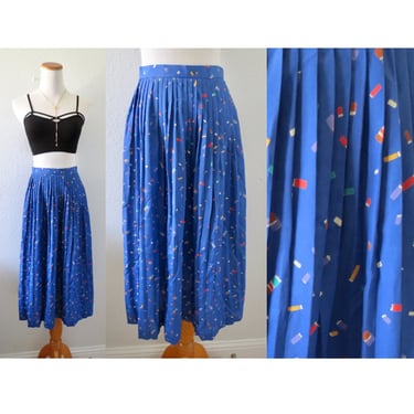 Vintage 80s Midi Skirt - Rainbow Abstract Print - Pleated High Waisted Colorful Skirt - Size Small 