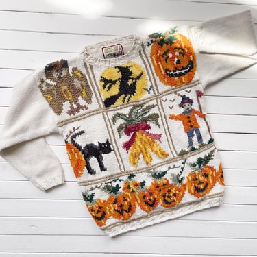 Halloween sweater 90s vintage Crystal Kobe witch cat pumpkin hand knit sweater 