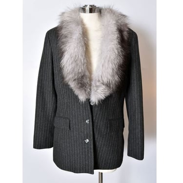 Gray Pinstripe FOX FUR Suit Jacket Blazer Noviello Bloom, Size 10, Medium, Vintage 1980's USA Wool Women's 