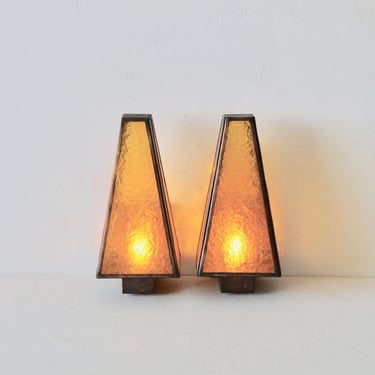 Vintage American Mid Century Tapered Copper Amber Acrylic Wall Sconce-a pair 