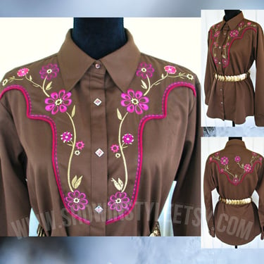 Wrangler Vintage Retro Women's Cowgirl Shirt, Rodeo Queen, Brown with Pink and Green Embroidered Flowers, Size XLarge (see meas. photo) 