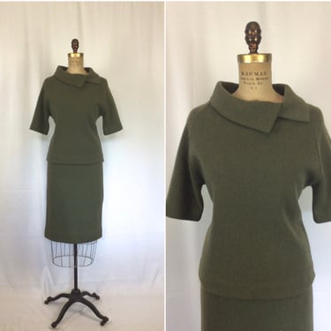 Vintage 60s knit set | Vintage olive green knitted top and skirt | 1960's Glasgo two piece sweater suit 