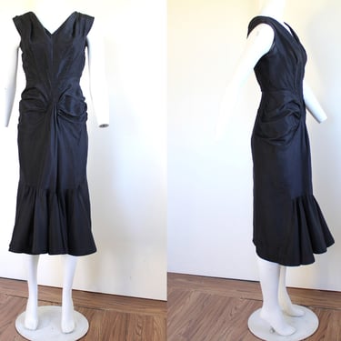 1950s Irene Sargent Gathered Black Silk Bombshell Vintage Cocktail Dress 