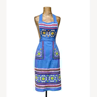 Vintage 1950s Hand-Embroidered Blue Hopsack Bib Apron, Folk Art - Cottagecore - Farmhouse, VFG 