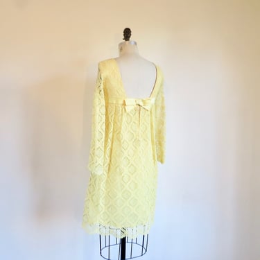 1960's Yellow Lace Short Dress Mod Babydoll Twiggy Style A Line Long Sleeves Ribbon Trim 60's Spring Summer Easter Size Medium 
