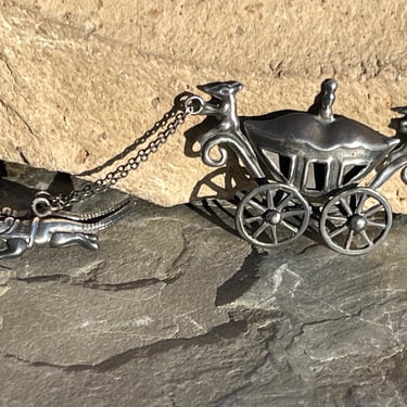 Vintage Articulated Sterling Cinderella Shadowbox Carriage with Mice Drivers being Pulled by Harnessed Silver Rats Brooch / Pin 