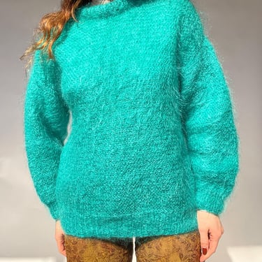 1960s Sweater Teal Wool Mohair Chunky Oversized M 