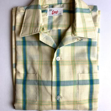 Vintage 60s Enro Light Yellow and Blue Plaid Short Sleeve Shirt Size Large 