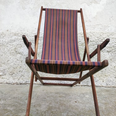 Vintage Wooden Patio Chair/ Retro Deckchair/Folding Beach Chair/ Canvas DeckChair/ Portable Resting Chair/ Mid Century/Old Canvas Chair/ 70s 