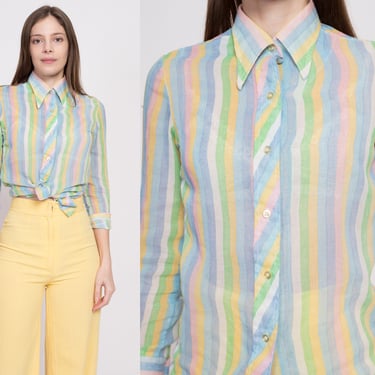 70s Sheer Pastel Striped Blouse - Petite XS | Vintage Long Sleeve Collared Button Up Shirt 