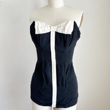 Vintage 1950s Black and White Bow One Piece Swimsuit / M 