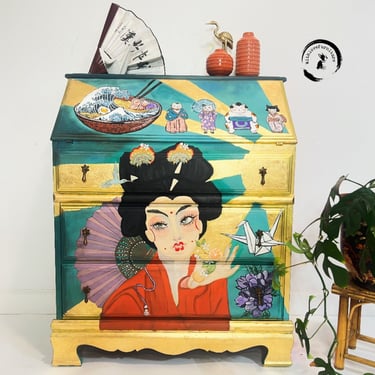 Japanese Desk Eclectic Bureau hand Painted Japanese  Inspired Secretary Desk. Bedroom Storage Dresser. Colorful Entryway. Whimsical makeup 