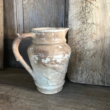 French Rustic Ironstone Jug, Glazed Pottery, Fish, Eel Design, Tea Stain Color, French Farmhouse, Damages 