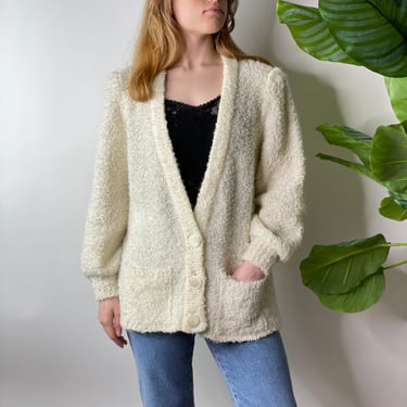 Vintage White Boucle Wool Blend Cardigan Sweater, Size Large 