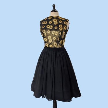 Vintage 1960s Black and Gold Party Dress, Vintage 60s Full Skirt Party Cocktail Dress 