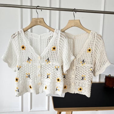 Floral Hollow Embroidered Thin Knit Cardigan