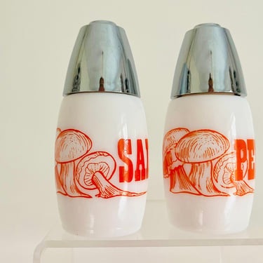 Vintage 1970s Retro Groovy Orange Mushrooms White Milk Glass Typography Font Salt & Pepper Shakers 