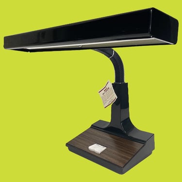 Vintage Mobilite Desk Lamp Retro 1980s Contemporary + #169 + Black Metal + Woodgrain Base + Gooseneck + Office Lighting + Desktop Lamp 