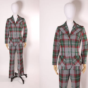 1970s Gray, Green and Red Plaid Long Sleeve Blazer Jacket with Matching High Waisted Pants Two Piece Pant Suit by Joyce -M 
