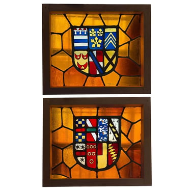 Pair of French Stained and Leaded Glass Heraldic Windows