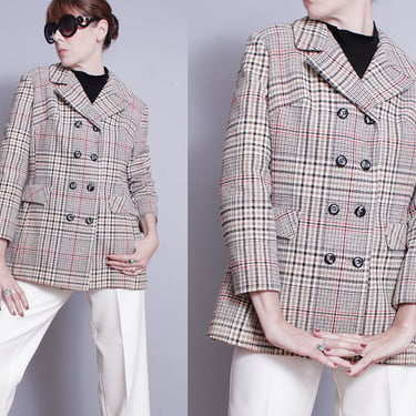 Vintage 1960's | Mod | Plaid | Wool | Double Breasted | Blazer | Jacket | S 