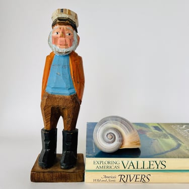 Old Sea Captain Fisherman Hand Carved Wood Figurine, Vintage Wooden Sailor Statue, Rustic Coastal Nautical Beach Decor 