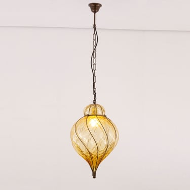 Venetian lantern lamp in Murano glass blown amber color, Made in Italy vintage style chandelier 