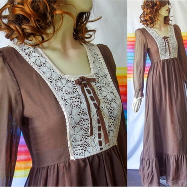 70s maxi prairie dress size XS, full length lace cottagecore, vintage groovy brown long sleeve hippie style gown w/ sheer puff mutton sleeve 