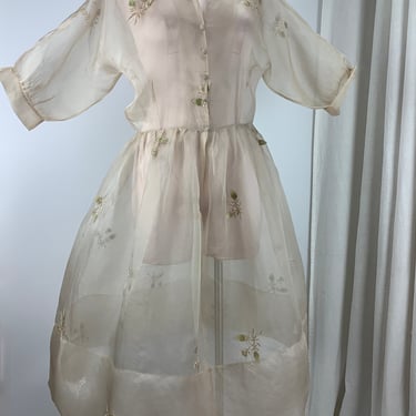 1950's Sheer ORGANDY Dress - See Through Smokey Pink Fabric with Decorative Roses - Women's Size Medium 
