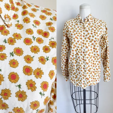 Vintage 1960s Sunflower Novelty Print Blouse / S 