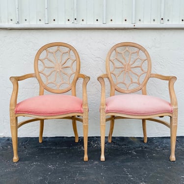 Set of 2 Spider Web Arm Chairs - Vintage Hollywood Regency Dining Armchair Pair with Elegant Wood Carvings 
