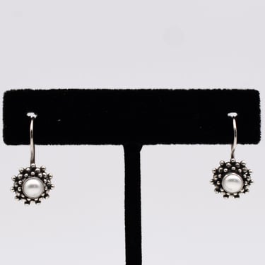 70's Bali style sterling button pearl starburst dangles, beaded 925 silver boho kidney wire earrings 