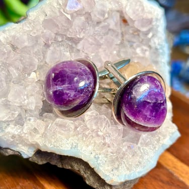 Vintage Amethyst Cufflinks Purple Gemstone Cuff Links Retro Mens Jewelry Mid Century Modern Gift 