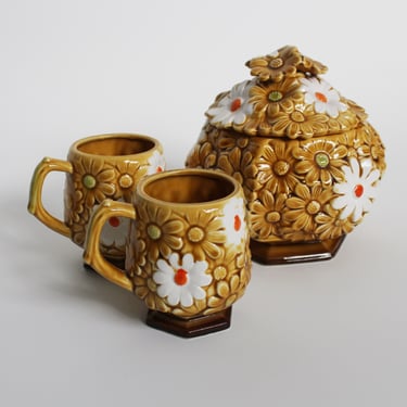 60s / 70s Textured 3D Floral Ceramic Set - 2 Cups and a Jar,  Sugar or Cookie Jar - Floral / Daisy Pattern 