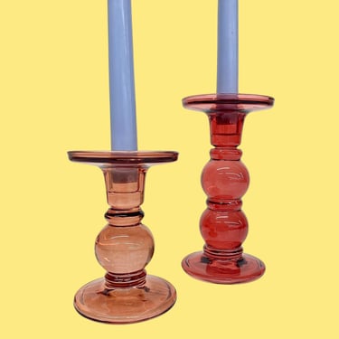 Vintage Candlestick Holders Retro 2000s Y2K + Glass + Shades of Pink + Set of 2 + Taper/Pillar Candle Holders + Home Decor + Mood Lighting 