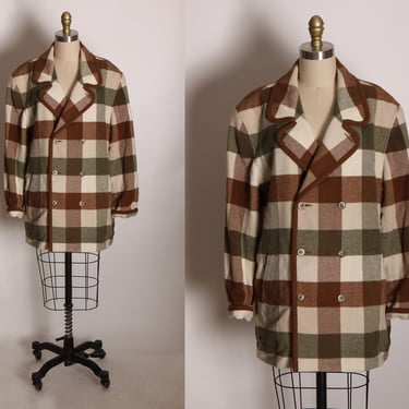 1980s Cream Off White, Brown and Green Long Sleeve Plaid Button Up Blazer Jacket by Liz Wear Petite -L 