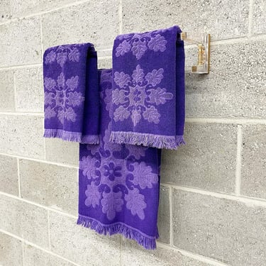 Vintage Cannon Towel Set 1970s Retro Size Bohemian + Set of 3 + Purple + Floral + Fringed + Bath and Hand Towel + Home Decor and Textile 