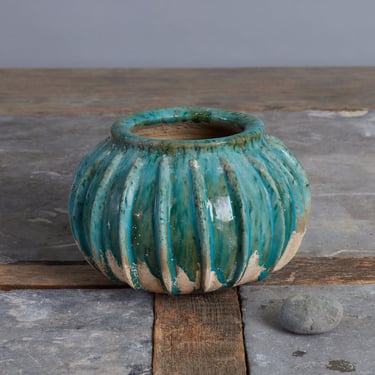 Small Ribbed 19th Century Green Glaze Pot from Borneo