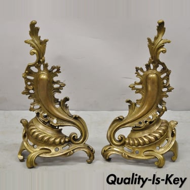 Vintage French Rococo Style Bronze Acanthus Leafy Scroll Andirons - a Pair