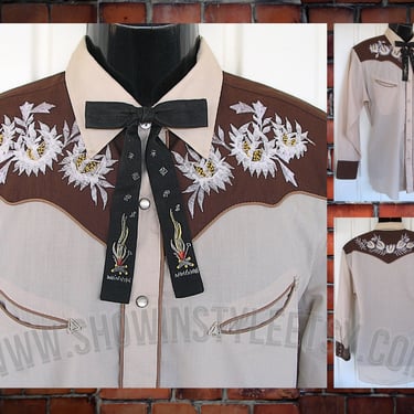 Vintage Western Men's Cowboy and Rodeo Shirt by Ely Plains, Tan & Brown with Embroidered White Flowers, Approx. Large (see meas. photo) 