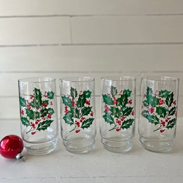 Vintage Holly Berry Christmas, Holiday Drinking Glasses, Set of 4 | Family Tradition, Santa Milk Glass, Tumblers, Highballs 