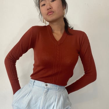 70s wool cropped sweater / vintage terra cotta rust wool V neck snug cropped deadstock schoolgirl sweater | XS S 