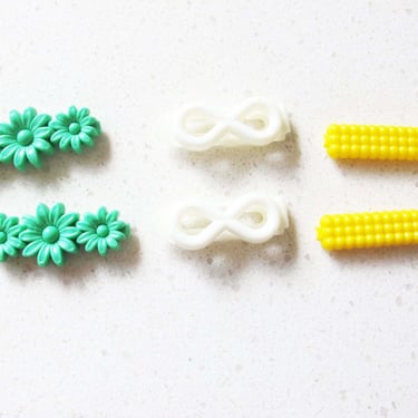 Vintage Plastic Hair Barrettes - 3 Pairs 80s Goody Snap Barrette Lot -Green Flower Bow White Bow Yellow Kawaii Child Hair Clips 