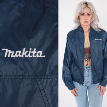80s Makita Tools Windbreaker Dark Blue Zip Up Jacket Retro Pocket Jacket Sporty Streetwear Stranger Things Vintage 1980s Mens Large L 