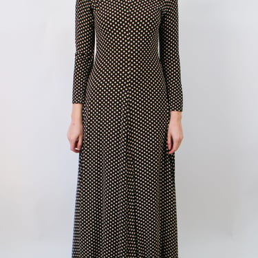 1970s Double Crepe Brown and White Polk Dot Slinky Maxi Dress