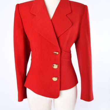 80's Guy Laroche Paris Red Asymmetrical Suit Blazer Jacket Women's Vintage 1980's New Wave Designer France Wool 